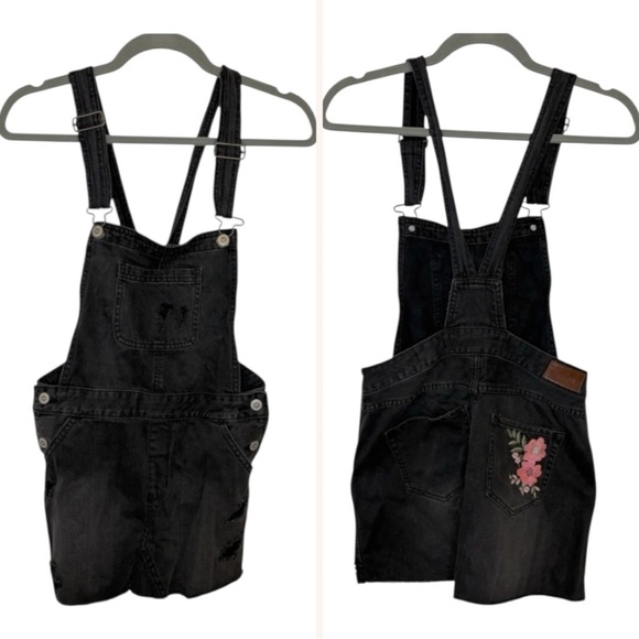 Hollister Dresses & Skirts - Hollister Black Denim Overall Mini Dress Y2K Grunge Embroidered Flowers Small